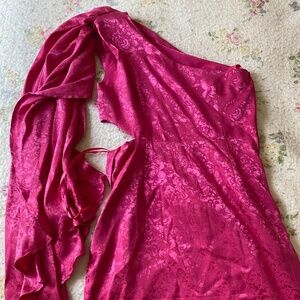 pink shoulder drape dress